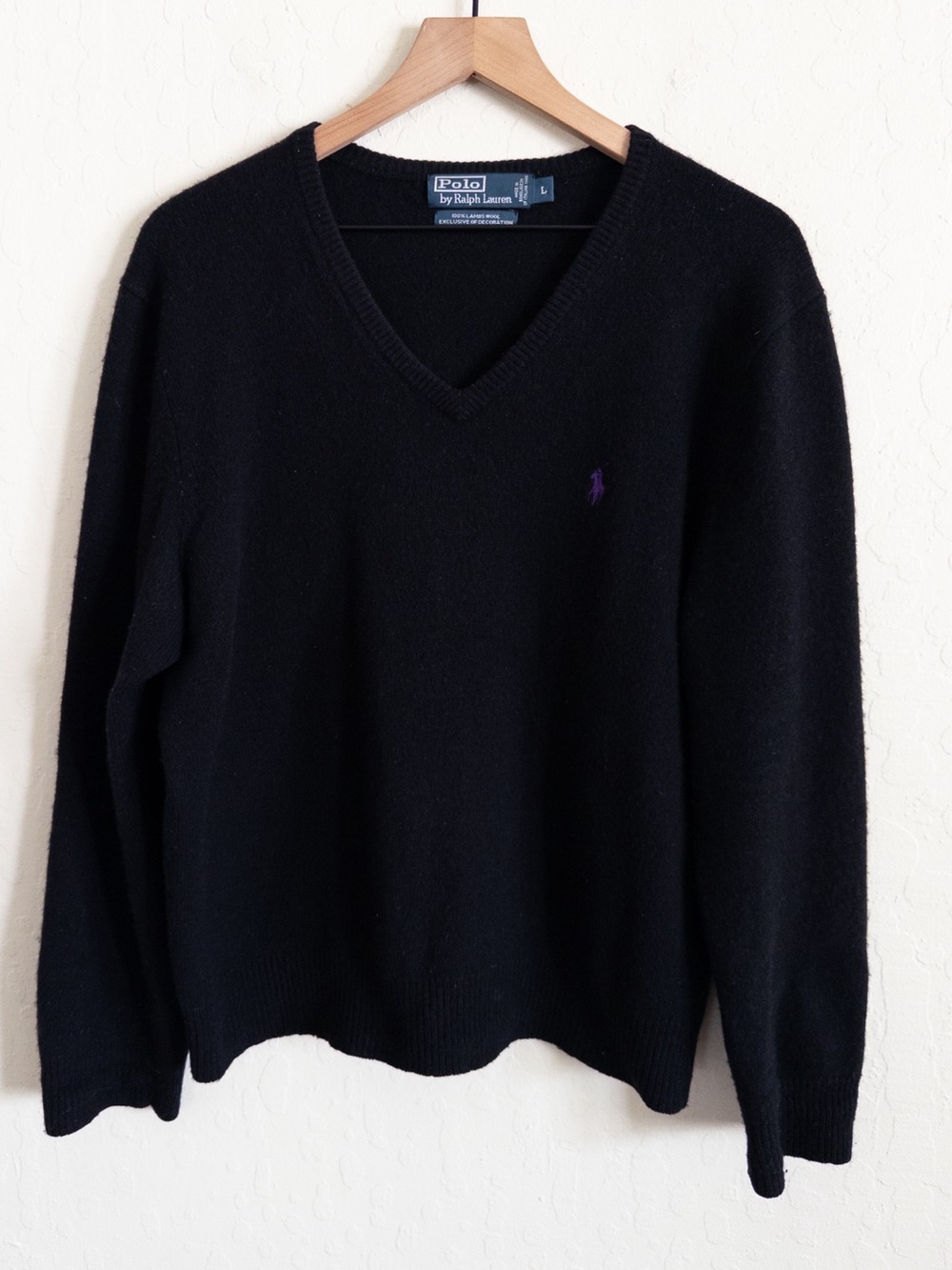 Vintage 90s Polo Ralph Lauren 100% Lambs Wool V-Neck Sweater Large Black Classic